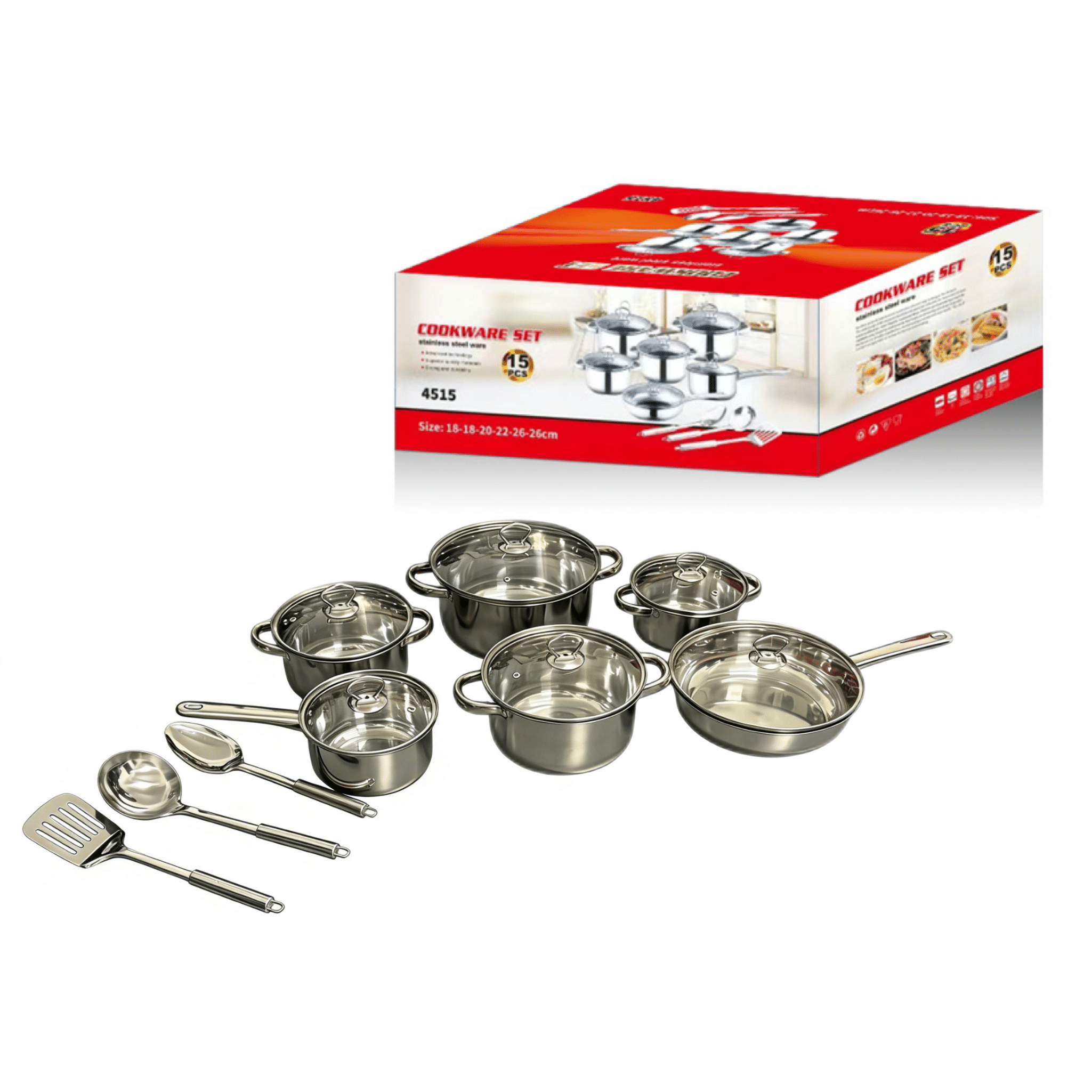 15-piece stainless steel cookware set (steel handles)