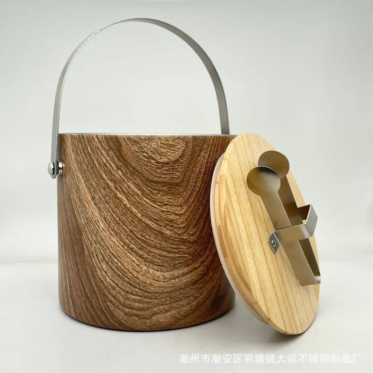 Wood-grain finish double-wall stainless steel ice bucket