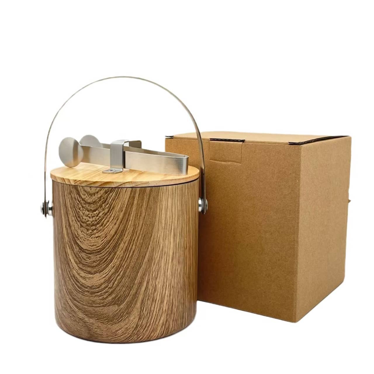Wood-grain finish double-wall stainless steel ice bucket