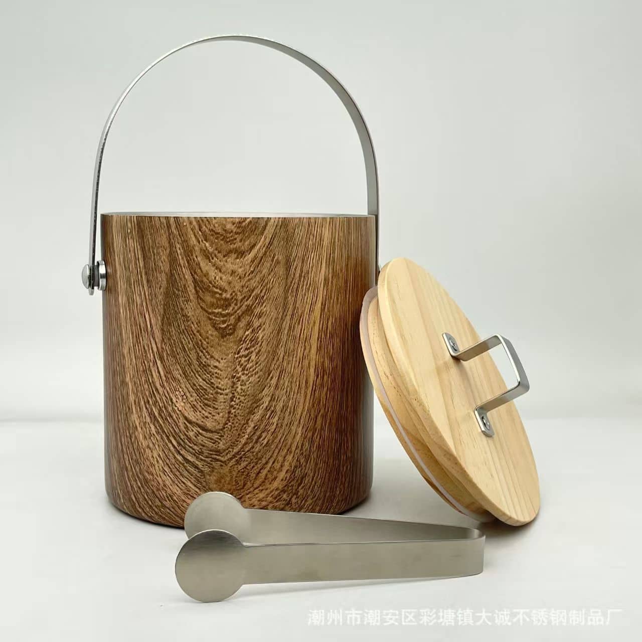 Wood-grain finish double-wall stainless steel ice bucket